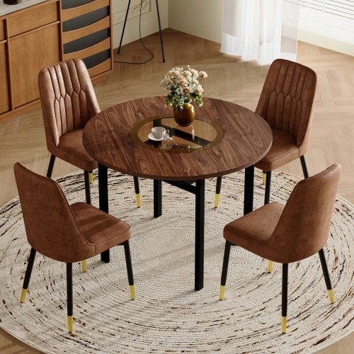 Modern Minimalist Round Dining Table Set (With 4 Brown Tech-Fabric Chairs With Black Metal Legs), Round Table With 100 Cm Diameter In Wood Look, Suitable For Dining Room And Kitchen. - Brown+Black - View 1