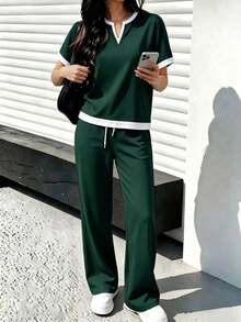 春秋女款新款休閒百搭拼色V領短袖上衣與高腰抽繩直筒長褲2件套 優雅夏季 - 墨綠37+米白 - 查看 4
