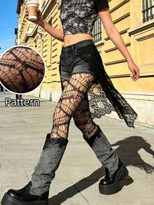 Women's Asymmetric Cracked Fishnet Tights, Snag-Resistant High Elasticity Mesh Pantyhose, Soft Elastic Hollow Punk Style Stockings - Black - View 3