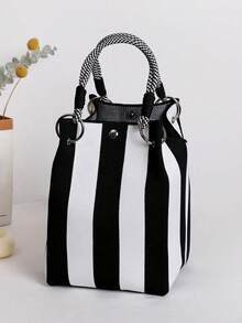 Fresh And Gentle Artistic Style Classic Retro Striped Handbag, Casual And Fashionable Versatile Handbag, Suitable For Commuting And Shopping. - Black - View 2
