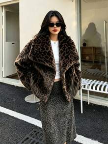Seelio 秋冬新款女装欧美风百搭加厚仿狐狸毛动物纹皮草外套，青春优雅中长款仿皮草大衣 - 深色動物紋 - 查看 2