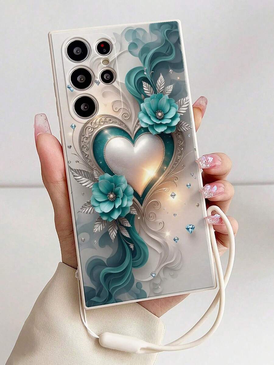 精準開孔直邊心形與花卉彩繪手機殼，附手提繩防摔，適用 13、13 Pro、14、15、15 Pro、10、Note 11 4G、11 Lite，手機保護殼