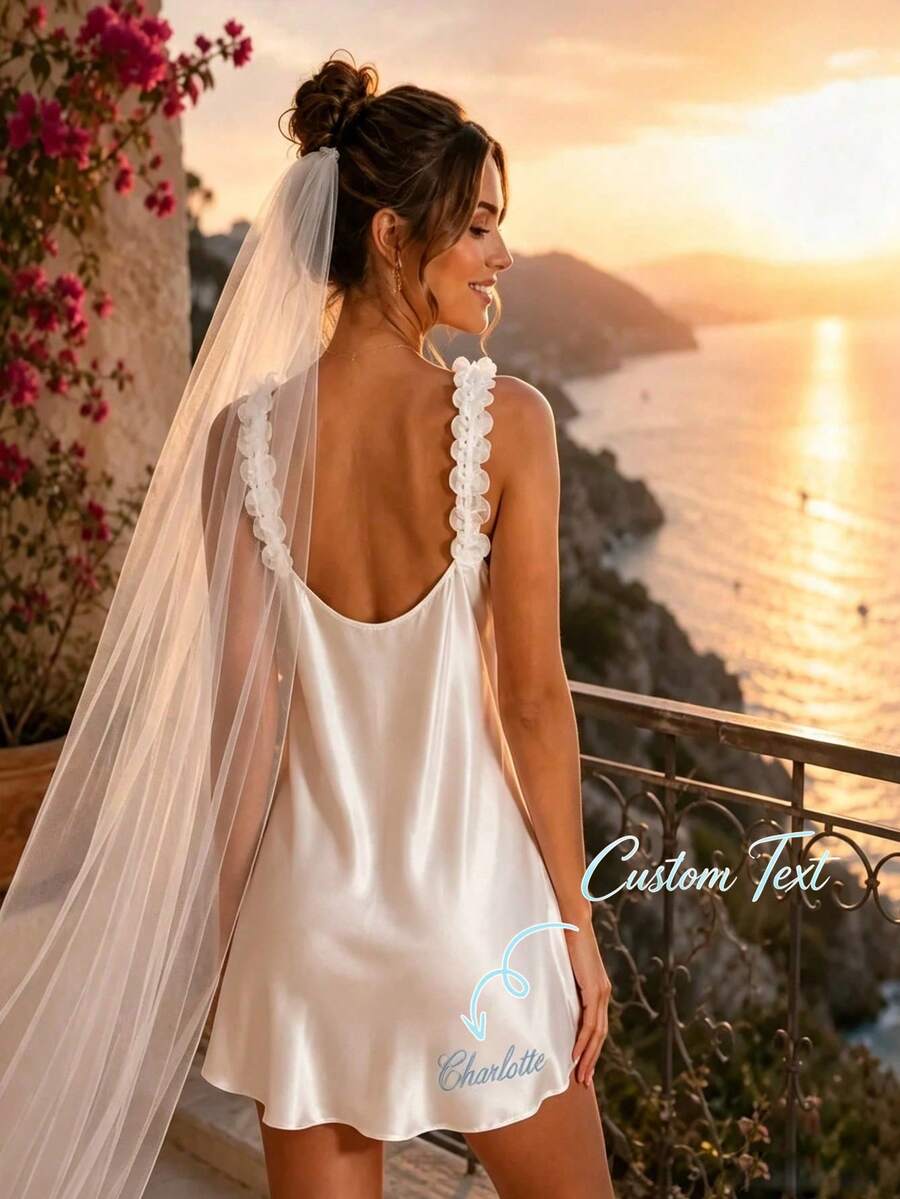 Personalized Bridal Camisole Dress, Customized Embroidered Bridal Getting Ready Set, Satin Wedding Morning Robe, Bridal Party Gift