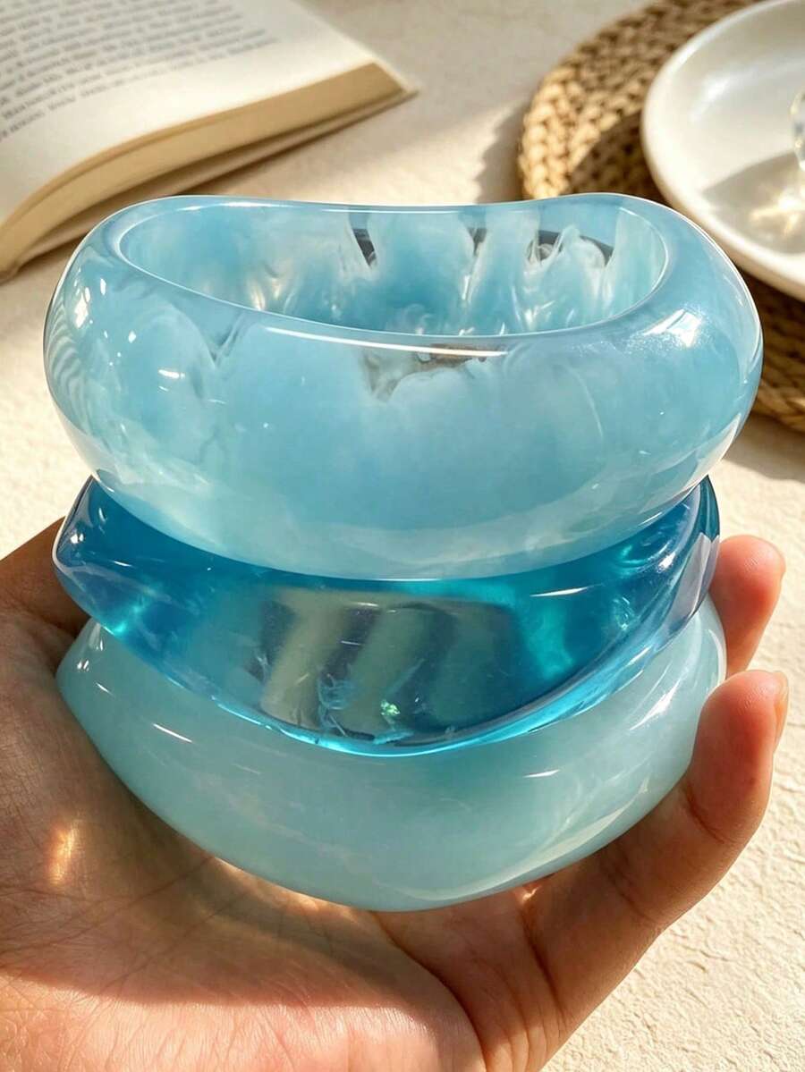3件組精緻復古壓克力手環套組,時尚圓柱設計,適合日常休閒穿著,女士時尚飾品,壓克力材質,無鑲嵌工藝,適合全年使用,適用於日常、派對與度假場合 - 藍色 - 查看 1