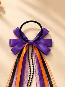 2pcs Halloween Bow Scrunchies For Kid Girls,Elegant Long-Tail Ribbon Plaid Hair Ties For Halloween Party,Day Of The Dead,Lace Headdress,Hair Accessory - Multicolor - View 6