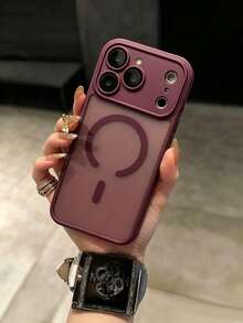 1PC Minimalist Skin-Feel Contrast Color Magnetic Charging Phone Case Compatible With IPhone 17 Pro Max, 16 Pro Max, 15 Pro, 14 Pro, 13 Pro/12/11, Full Coverage Lens Protection - Plum Color - View 3