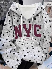 1 chiếc áo nỉ nữ in sao và chữ NYC, vai trễ, dây rút, dáng rộng thoải mái, phong cách đường phố Y2K, thu/đông, đi học - trắng - Xem 2
