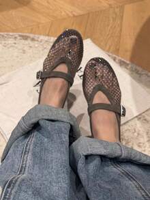 Women's Taupe Mary Jane Ballet Flats, Rhinestone Hollow Mesh Upper, Round Toe, Adjustable Side Buckle Strap, Textured Trim - Grey - View 8