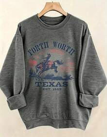 Women's Western Style Fort WorthTexasEST1849CowboyPatternHoodieSoftCrewNeckPulloverWith Cactus And Longhorn DesignComfortableCasualLongSleeve Sweater - 炭灰色3 - 查看 2