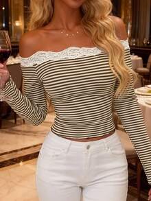 Women's Casual Open Shoulder Lace Patchwork Striped Slim Fit Long Sleeve Base Layer T-Shirt For Autumn Daily Commute - Brown - View 4