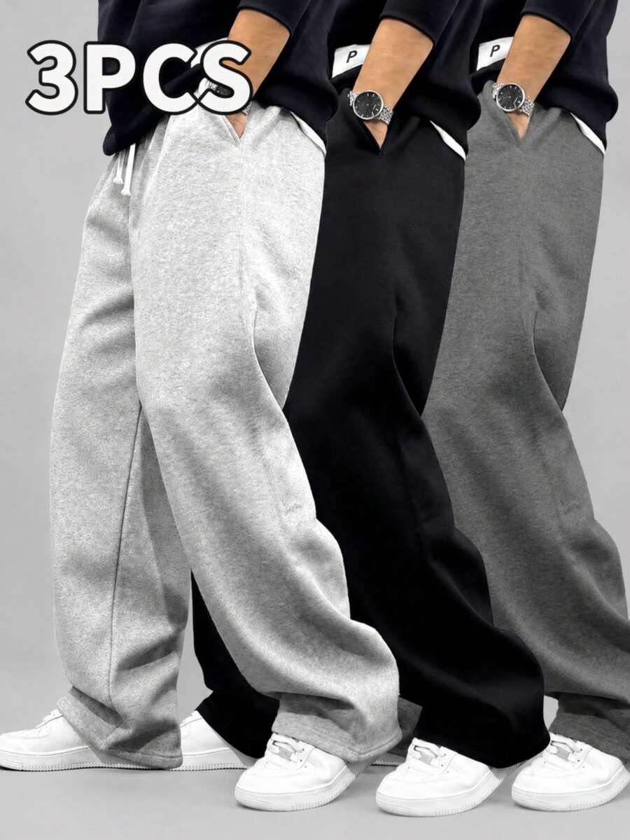 3pcs Men's Sports Casual Long Pants, Loose Straight Leg Design, Suitable For Casual Outdoor, Commute Wear, Spring/Autumn Heavyweight Sweatpants Fall - Multicolor - View 1