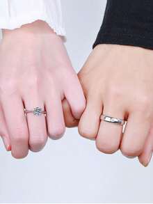 2PCS Fashion Minimalist Copper Inlaid Zirconia Adjustable Couple Rings - Silver - View 4