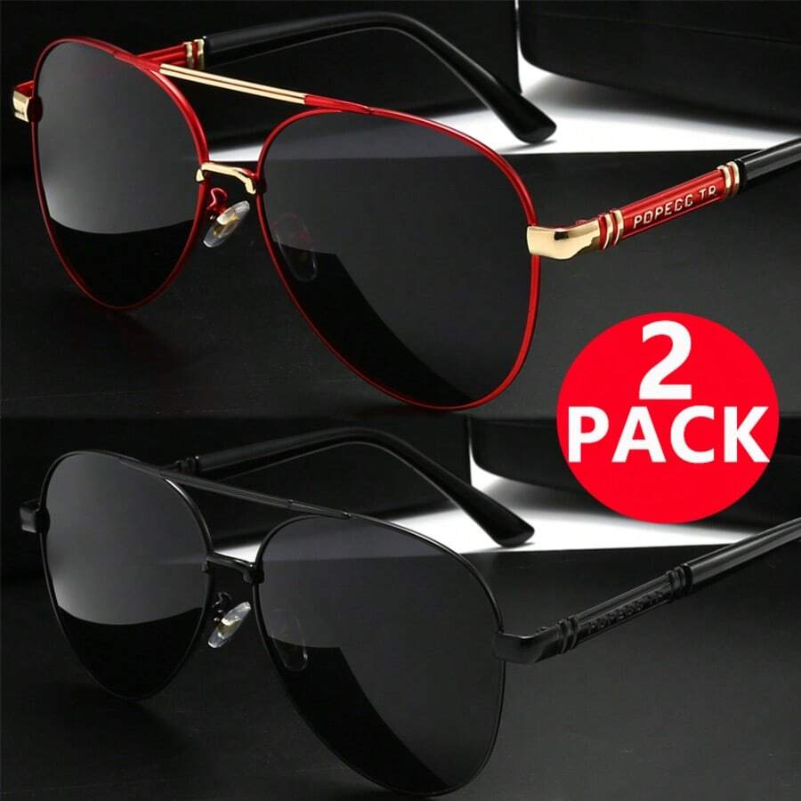 Modern Metal Frame Sunglasses, 2-Piece Set: Red & Black And All Black. Durable Metal Texture, Neutral Everyday Versatility. Casual Fashion Gift. - Grey - View 1