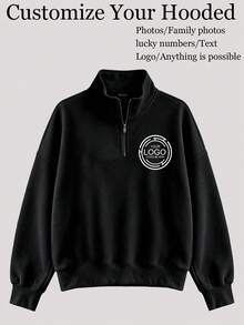 Personalized Customizable Women's Half-Zip Long Sleeve Knit Sweatshirt, Comfortable And Warm Lining, Suitable For Daily Wear And Winter Street Style. Customizable Logo, Photo, Street Style, Can Add Your Logo Or Text, Christmas Pattern, Halloween Pattern, Pet Pattern, Advertising Print, Workwear Logo Or Phone Number Can Be Customized - Black - View 3