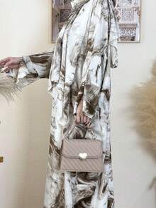 Ink Painting Long Robe Jacket With Headscarf, Minimalist Vacation Style (Includes Headscarf) - Brown - View 4