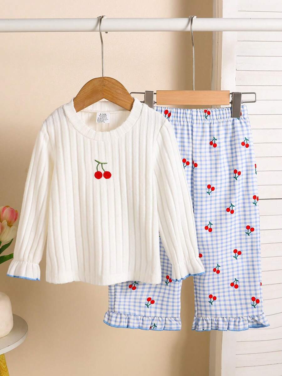 2pcs/Set Autumn Baby Girl Fresh Cherry Embroidered Textured Long Sleeve T-Shirt And Elastic Waist Blue And White Plaid Fruit Series Print Ruffle Hem Wide Leg Pants Outfit, Soft And Cozy For Spring - Blue - View 1