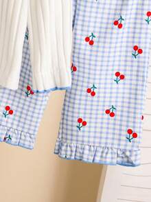 2pcs/Set Autumn Baby Girl Fresh Cherry Embroidered Textured Long Sleeve T-Shirt And Elastic Waist Blue And White Plaid Fruit Series Print Ruffle Hem Wide Leg Pants Outfit, Soft And Cozy For Spring - Blue - View 8