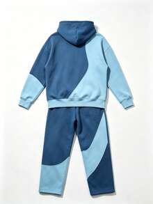 Men's Blue Contrast Wave Patchwork Hoodie Sweatshirt Set, Loose Drawstring Hooded Top And Straight Leg Sweatpants 2 Pieces Set - Dusty Blue - View 4