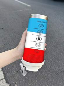1pc/5pcs 500ml Fun Nutrition Label Theme Insulated Coffee Mug With Handle And Lid, Red White Blue Color Block Graphic Print With Vitamin Text Icons, Stainless Steel Reusable Cup, Suitable For Commute, Outdoor, Gift - Red and Blue - View 9