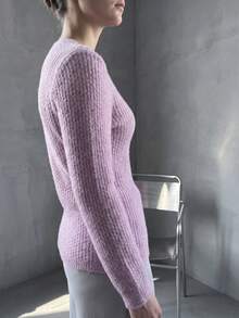 Fashionable Women's Knit Top, Violet Waffle Knit Long Sleeve Sweater, Regular Hem Round Neck Pullover, Soft Stretch Fabric. - Lilac Purple - View 3