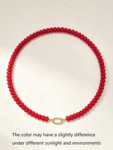 2/1pc Minimalist Bohemian Style Chunky Acrylic Red Beaded Necklace Set, Round Collarbone Necklace For Women, Suitable For Daily Wear, Date, Party, Summer Beach Vacation, Perfect Birthday Gift For Best Friend (Bead Quantity Random + Slight Color Difference) - Red + Magenta - View 3