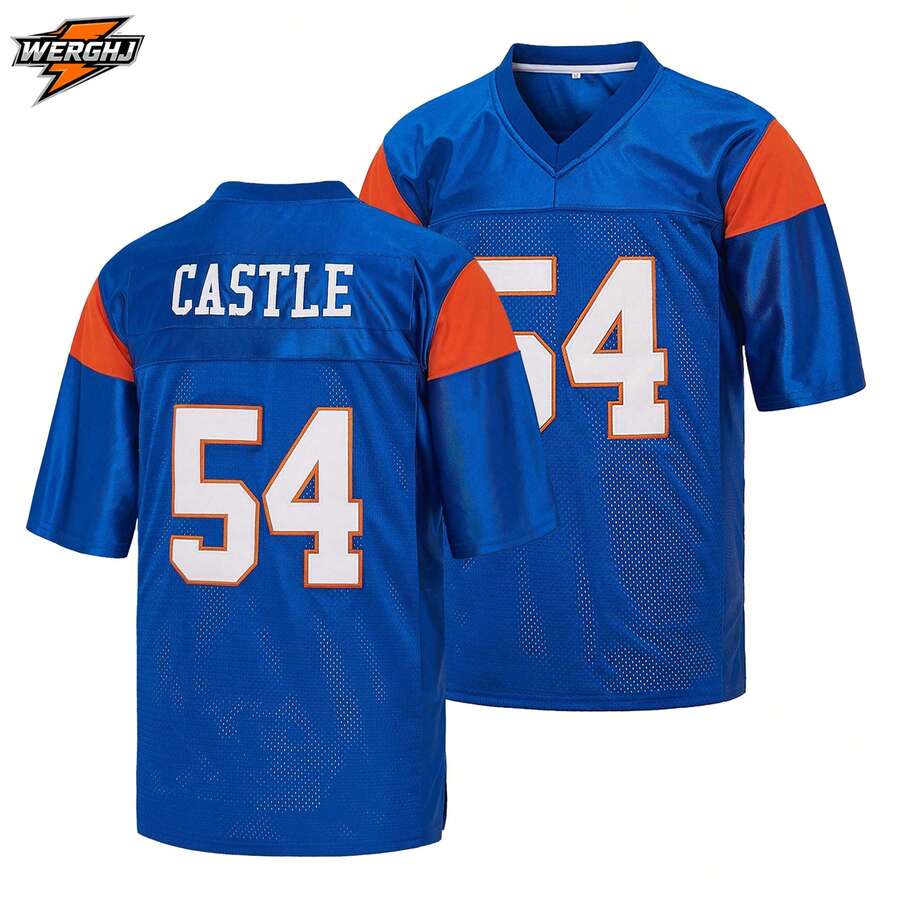 Thad Castle #54 Blue Mountain University Movie Football Jersey, Finely Embroidered American Football Mesh Uniform Sports