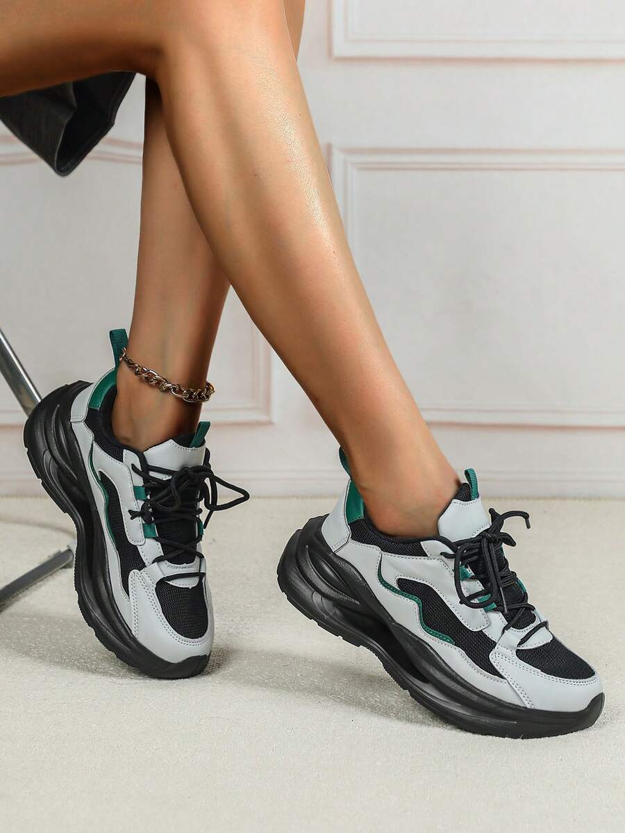 Women's Black & Gray Colorblock Wedge Sneakers, Breathable Mesh Lace-Up Thick Sole Couple Shoes, Suitable For Commuting, Party, Gathering, Daily Wear & Holiday Gift