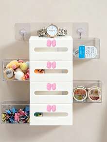Wall-Mounted Visible Dust-Proof Storage Box With Heart Pattern Decoration, Cotton Swab & Accessory Organizer, Left-Right Pull-Out Small Item Storage Box, Wall-Mounted Makeup Organizer, No-Drill Plastic Storage Rack, Pull-Out Shelf For Bathroom And Dorm, Adhesive/Screw Installation, Space-Saving Lightweight Rack For Cosmetics, Headbands, Powder (No Tools Required) - Multicolor - View 8
