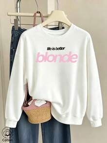 Women's Crew Neck Sweatshirt, Travel Pullover, Cotton Top, Women's Fall/Winter Basic Sweatshirt, English Print - White - View 10