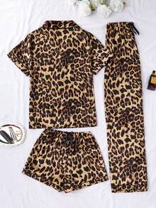 3pcs/Set Women Leopard Print Pocketed Short Sleeve Top & Shorts & Pants Pajamas Set, Suitable For Spring, Summer - Multicolor - View 2