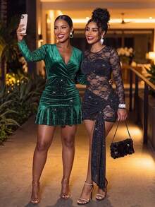 Women's Elegant Silver Foil Patchwork Short Dress - Dark Green - View 3