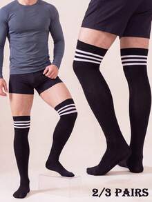 2/3 Pairs Men's Classic Striped Elastic Breathable Comfortable Over-The-Knee Socks, Suitable For Party, Business, Casual, Daily Wear, Gift - Black and White - View 2