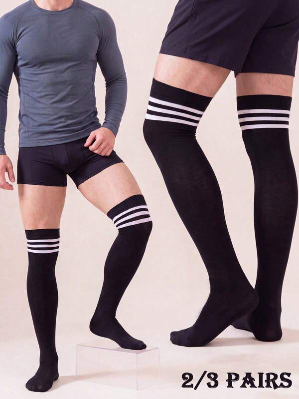 2/3 Pairs Men's Classic Striped Elastic Breathable Comfortable Over-The-Knee Socks, Suitable For Party, Business, Casual, Daily Wear, Gift