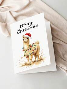 1pc Cute Christmas Card, Printed With Alpaca Wearing Santa Hat And String Of Lights Pattern, Suitable For Holiday Greetings And Festive Blessings To Family, Friends, And Colleagues - Multicolor - View 6