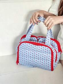 1pc Blue Background Red Heart Portable Makeup Bag, Handbag For Travel, Lightweight, Durable, Stylish, For Home, For Outdoor, Daily Use, Summer - Multicolor - View 6