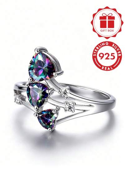1pc 925 Sterling Silver Fashion Cubic Zirconia Colorful Zirconia Heart Shaped Women's Ring, Elegant & Stylish, Suitable For Daily Wear, Casual, Vacation, Gift, Comes With Gift Box
