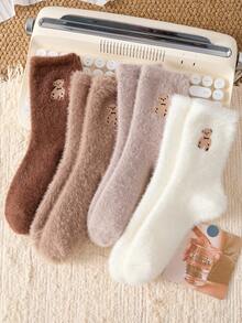 3 Pairs Warm & Comfortable Cute Bear Embroidery Pattern Women's Fuzzy Mid-Calf Socks, Suitable For Autumn/Winter - Multicolor - View 5