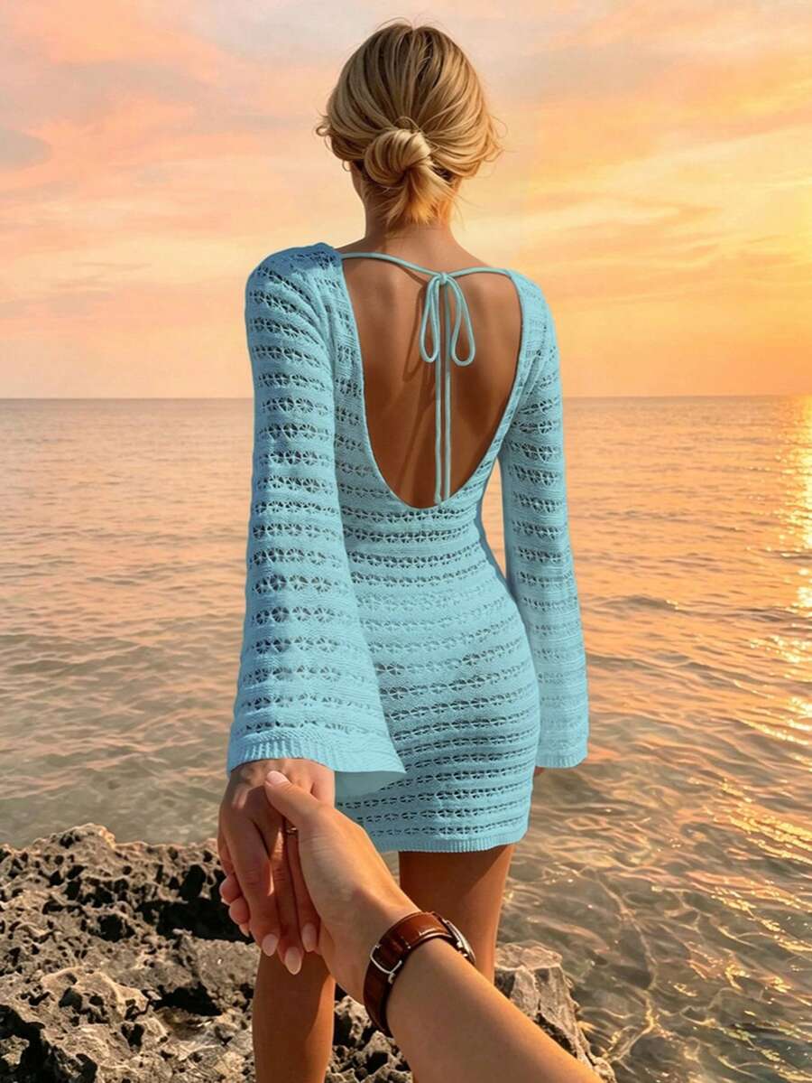 Gaun Mini Wanita Polos Gaya Bohemian Ringan Kasual Tanpa Punggung Berongga Transparan Lengan Panjang, Cocok untuk Liburan Pantai Musim Semi/Panas
