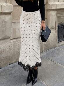 Women's Polka Dot Lace Patchwork Casual Versatile Daily Wear Knit Skirt - White - View 1