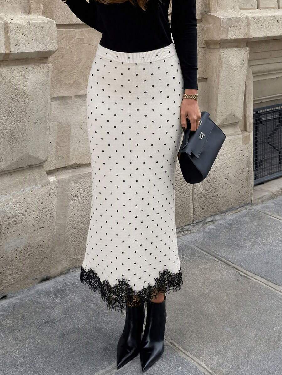 Women's Polka Dot Lace Patchwork Casual Versatile Daily Wear Knit Skirt - White - View 1