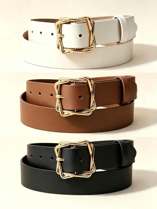 APLCSEY 2Pcs Gold Twisted Square Buckle Women's Solid Color Belt, Elegant Office Style, PU Leather Handmade Luxury, Suitable For All Seasons, Decorative Belt For Jeans/Casual Pants/Formal Wear, Great Gift Choice For Holidays/Gifting
