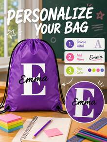 1pc Personalized Name Initial Drawstring Backpack, Multi-Color Customizable Drawstring Bag With Name, Personalized Name Initial Back To School Drawstring Backpack, Swimming Bag, Gym Bag, Extracurricular Activity Bag, Team Sports, School Travel, Party Gift Bag, Christmas Gift - Multicolor - View 2