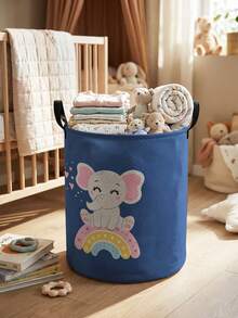 1pc Cute Elephant Pattern Foldable Large Capacity Round Storage Basket With Handle, Versatile Storage Bin For Nursery, Baby Supplies Organizer, Diaper Storage, Clothing Storage, Multi-Purpose Storage Box - Multicolor - View 18