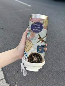 1pc/5pcs 500ml Wanderlust Travel Insulated Coffee Mug With Lanyard Lid, Vintage Collage World Map Compass Airplane Passport And Travel Quotes Print, Stainless Steel Reusable Cup, Suitable For Commuting Outdoor Gift - Multicolor - View 8