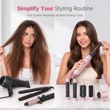 UKLISS 5-In-1 Multi-Function Professional Styling Tool (Auto Curling Iron + Hot Air Styling Brush + Straightening Brush), 5 Detachable Interchangeable Heads, 3 Temperature Settings, Salon-Grade Multi-Styling (Curl/Wave/Straight/Smooth/Volume/Inward Curl/Outward Curl), Frizz-Free, Back To School, Travel, Home Use - Pink - View 3