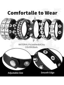 Xiacheng 1Set Punk Rock Studded Bracelet, Biker Cuff | Black Leather, Adjustable Leather Cuff,Y2K Gothic Punk Rock, Wrap Bangle, Snap Button For Halloween - Multicolor - View 3