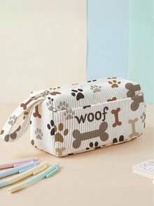 1pc Animal Paw Prints Corduroy Foldable Pencil Case With Side Pocket & Handle, Multi-Use Bag For Start Of School & Travel Essentials,School Supplies - Multicolor - View 8