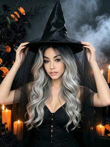 Black Root To Silver Gray Gradient Middle Part Large Wave Synthetic Wig, 26 Inch Long Water Wave Curly Hair For Women, Breathable Inner Net Adjustable Cap, Voluminous Natural Long Curly Hair Wig, Suitable For Daily Wear, Halloween Cosplay, Party, Holiday Dress-Up, Photo Shoot Styling - Ombre - View 2