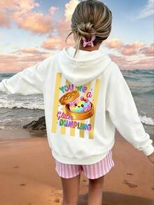 Girls Glitter Dumpling Cartoon Back Print Crew Neck Sweatshirt, Casual Loose Pullover - White - View 1