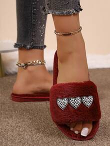 Retro Wine Red Plush Slippers For Women With Diamond Studded Heart Decoration, Exposed Toes, Straight Drag, Indoor Drag, Beach Fine Plush Lining - Burgundy - View 3